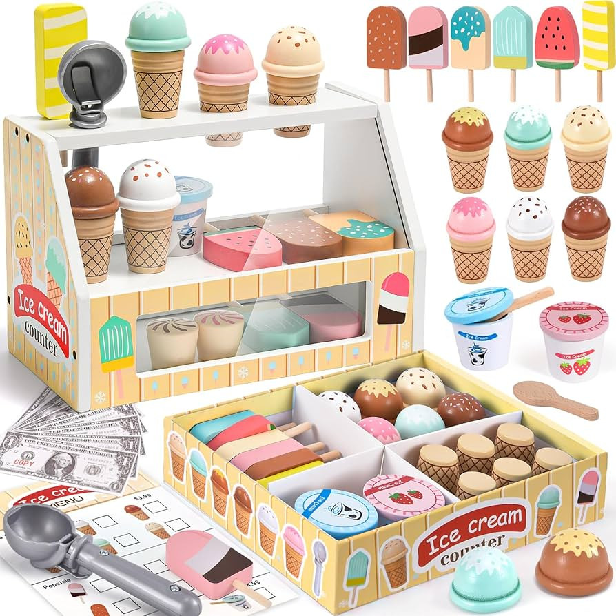 Toyssa Wooden Ice Cream Toys Kids Pretend Play Store Toys for Toddlers Girls 3 4 5 6, Wooden Food... | Amazon (US)