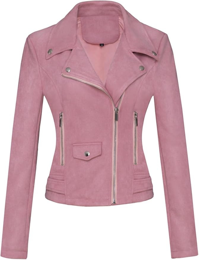 Women's Lapel Faux Suede Leather Short Slim-Fit Outerwear Moto Jacket Zip Up Biker Coat | Amazon (US)