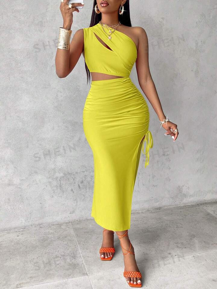 SHEIN Slayr Women Summer Solid Color One Shoulder Sleeveless Hollow Out Waist Side Drawstring Sli... | SHEIN