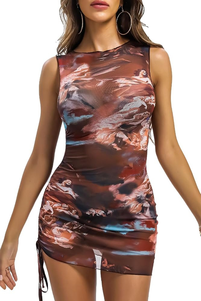 ABMOIU Sexy Mini Print Mesh Dress for Women, See Through Sleeveless Stretchy Bodycon Short Summer... | Amazon (CA)