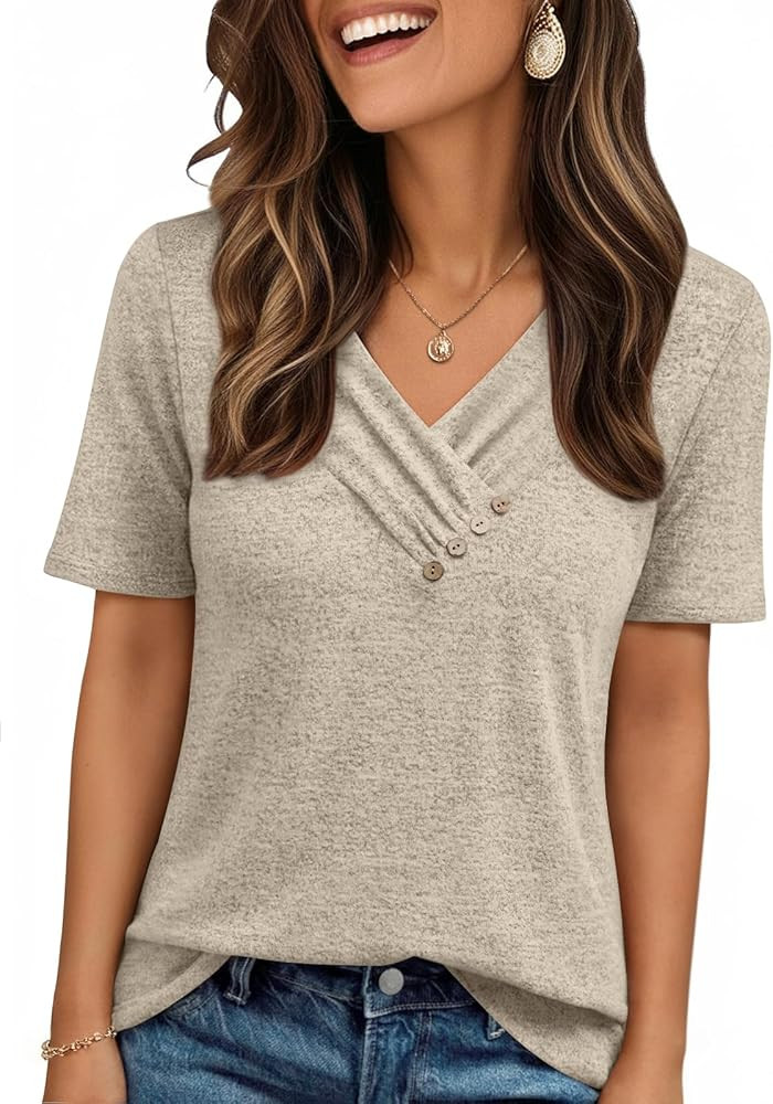 AUTOMET Womens Short Sleeve Tunic Top Spring Summer V Neck Button Shirts 2026 Dressy Casual Busin... | Amazon (US)