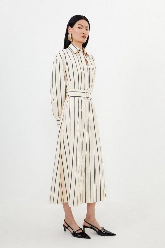 Cotton Stripe Belted Woven Shirt Dress | Karen Millen UK + IE + DE + NL