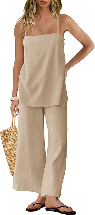 Panadila 2 Piece Linen Set Summer Travel Beach Vacation Outfit Sexy Spaghetti Strap Tank Top and ... | Amazon (US)