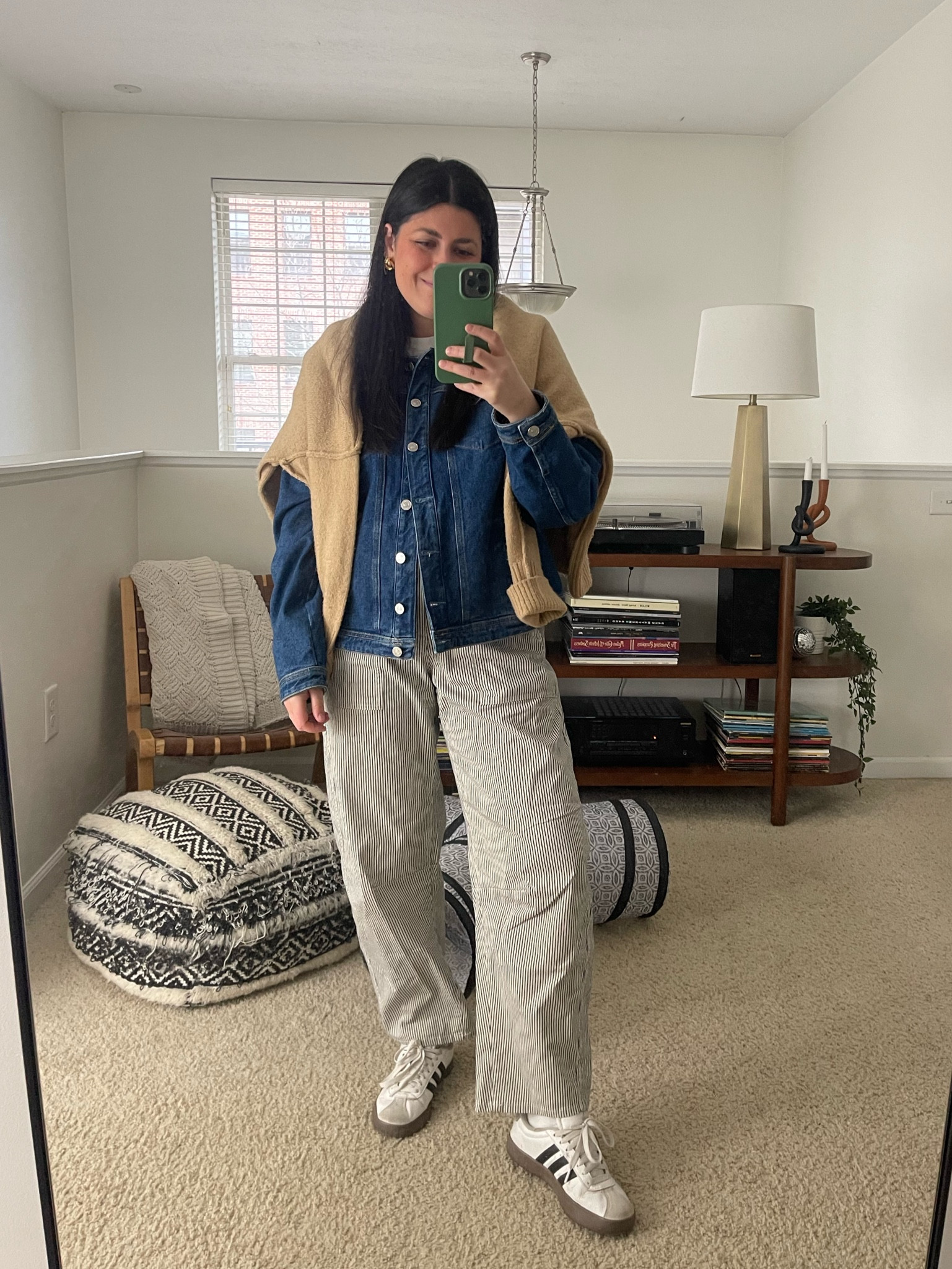 Striped pants (8) | white tee (medium) | denim jacket (XXL) | brown sweater (similar linked) | adidas sneakers (tts) 

Spring outfit, casual spring outfit 



#LTKFindsUnder100 #LTKStyleTip