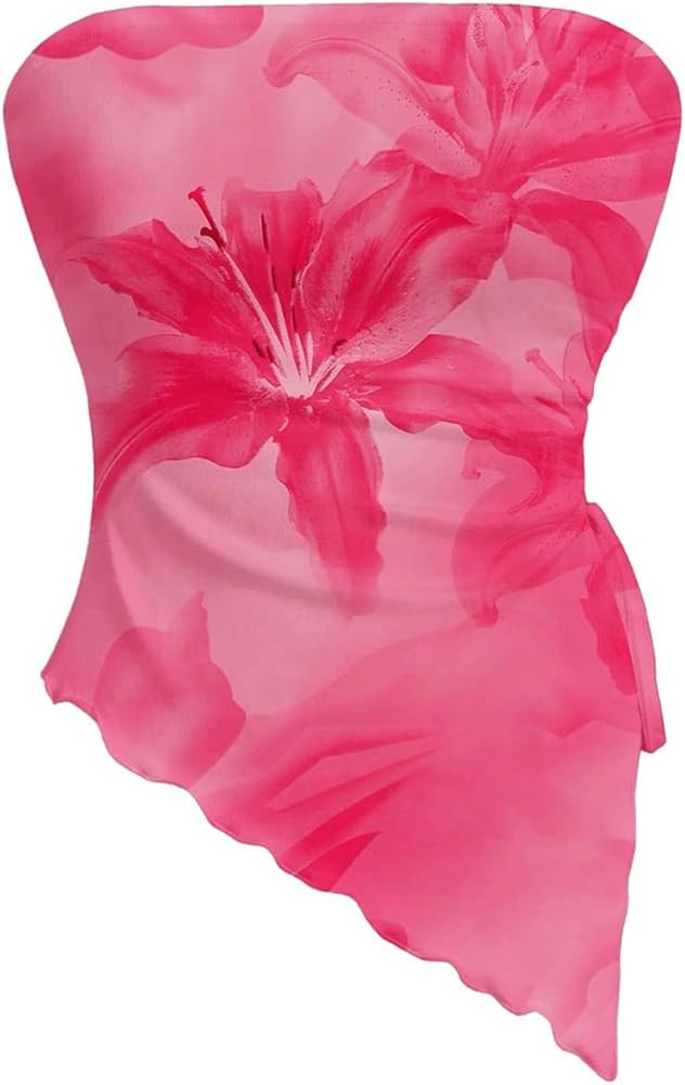 WDIRARA Women's Floral Mesh Strapless Side Ruched Tube Top Asymmetrical Hem Bandeau Crop Tops | Amazon (US)