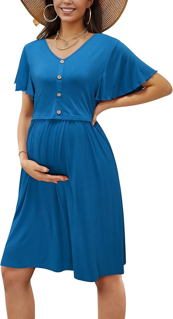 LAISHEN Maternity Dress Summer Women's Ruffle Short Sleeve Casual Nursing Breastfeeding Pregnancy... | Amazon (US)