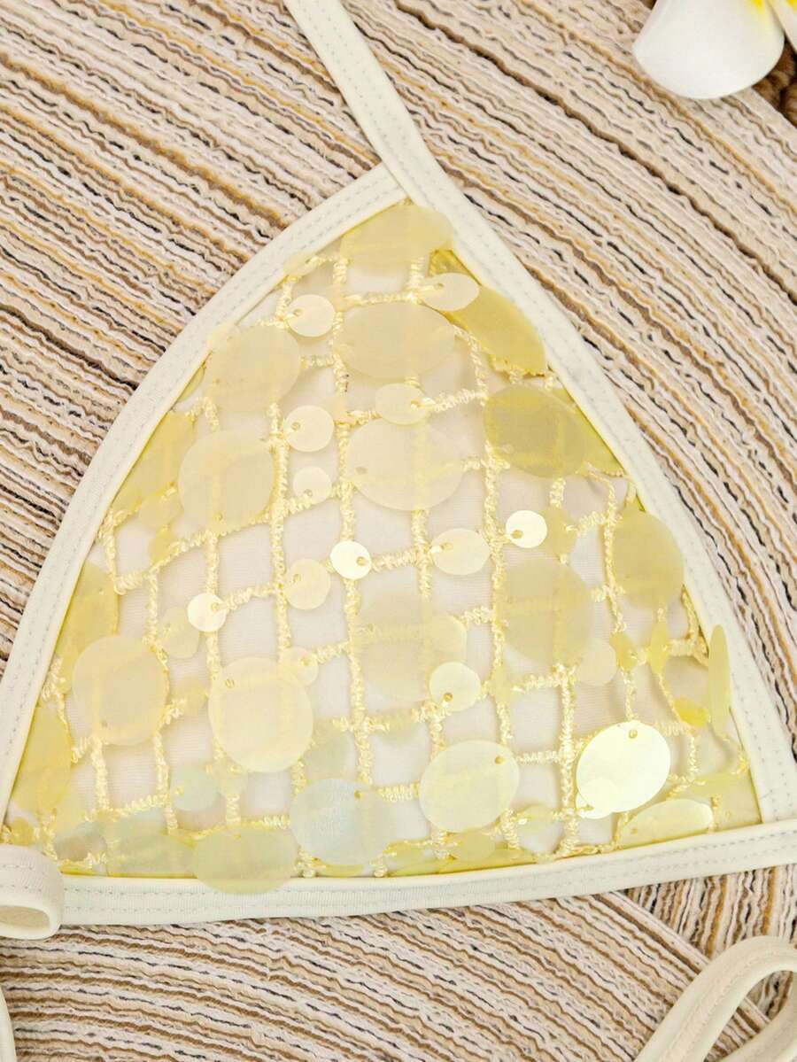 Swim Mod Women's Swimwear Set, Fashionable Sequin Sexy Triangle Bikini Top Paired With Regular Side Tie Swim Bottoms, Adult Women Beach Outfit | SHEIN