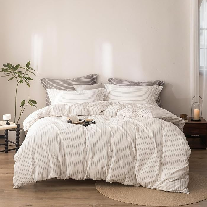 Amazon.com: Warm Moment Stripe Duvet Cover Full Size 90inch x 80inch, 100% Washed Cotton Linen Fe... | Amazon (US)