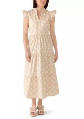 CeCe Women's Flutter Sleeve Tiered Dot Midi Dress, Gray, Large | Belk