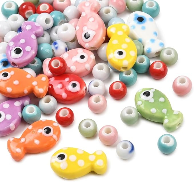 Amazon.com: Echoed Elegance Handmade Porcelain Beads, 119 Pieces Mixed Round and Fish Shape, Brig... | Amazon (US)