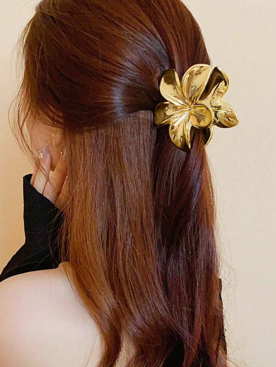 1pc Minimalist Shiny Metal Texture Plumeria Hair Claw, Suitable For Daily, Casual, Party, Commute... | SHEIN