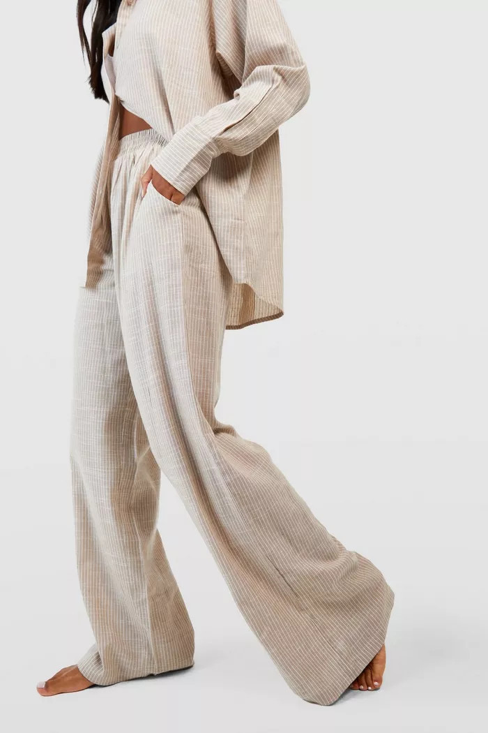 Cotton Tonal Linen Look Trousers | Boohoo.com (UK & IE)