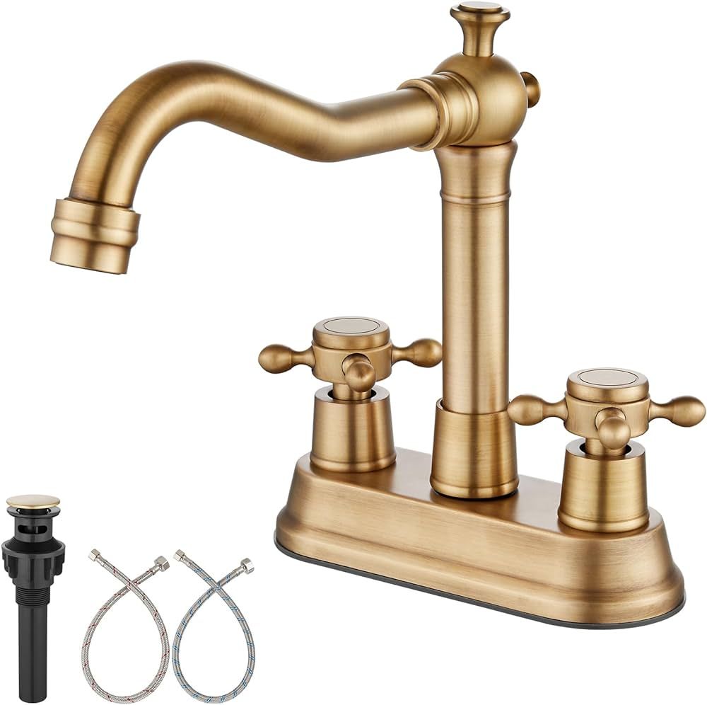 Aolemi Antique Brass 4 Inch Centerset Deck Mounted Bathroom Sink Faucet Vintage with 2 Cross Hand... | Amazon (US)