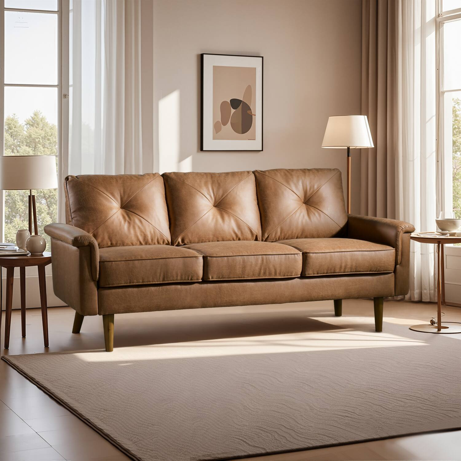 Ovios - 71" Mid-Century Modern Sofa Couch, Luxury 3 Seater Sofa with Comfortable Armrest for Living Room Bedroom - Brown | Best Buy U.S.