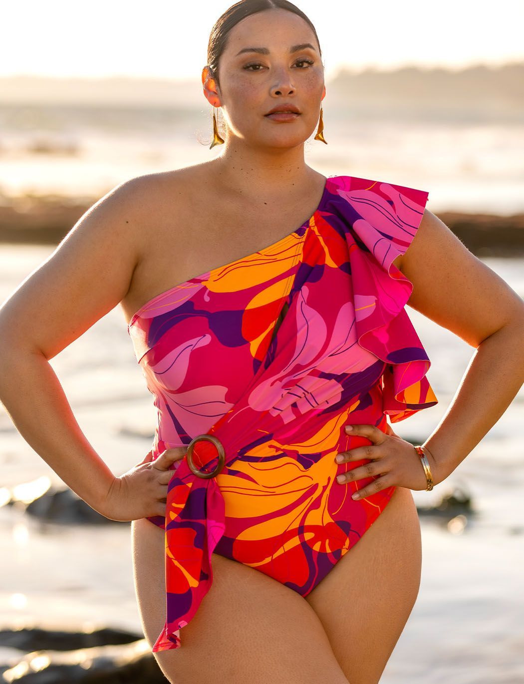 One Shoulder Cascade Ruffle Swimsuit | Eloquii
