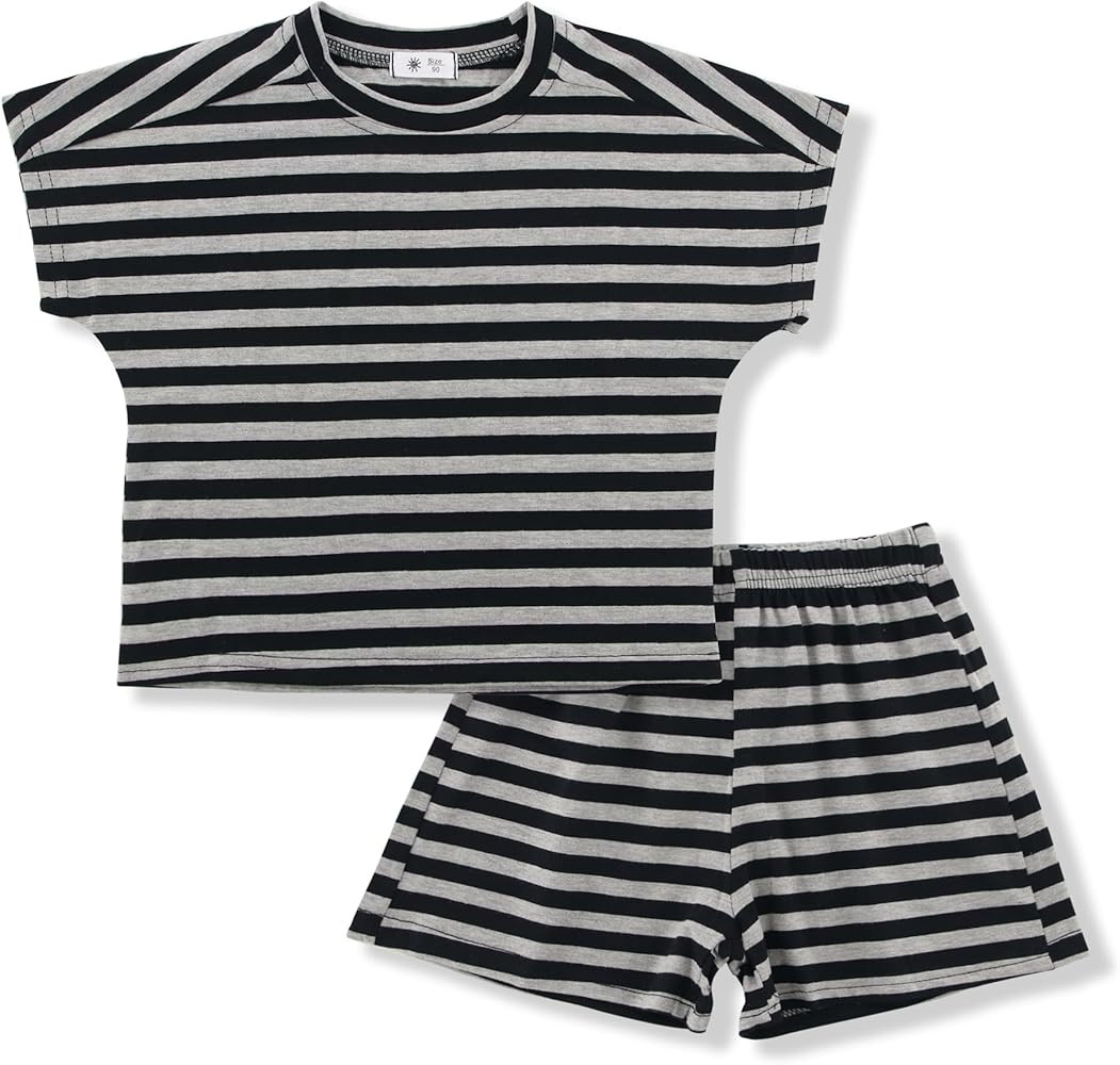 Girls 2 Piece Outfits Summer Girls Striped Batwing Sleeve Top and Short Sets 2-10Y | Amazon (US)