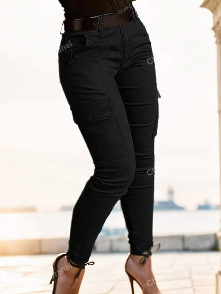 Casual Solid Color Elastic Skinny Cropped Denim Work Pants | SHEIN