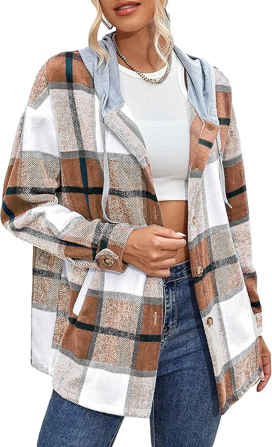Womens Plaid Hooded Shirt Jacket Long Sleeve Button Down Flannel Fall Coat with Pocket | Amazon (US)