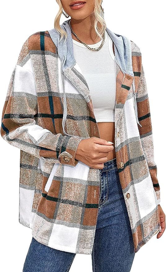 Womens Plaid Hooded Shirt Jacket Long Sleeve Button Down Flannel Fall Coat with Pocket | Amazon (US)