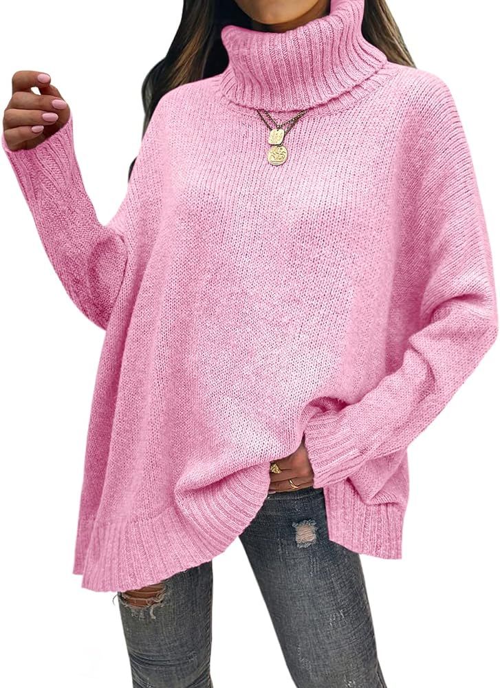 Womens Turtleneck Sweaters Long Sleeve Pullover Oversized Knit Sweater Side Split Loose Slouchy Soft | Amazon (US)