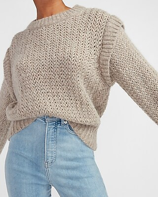 Metallic Cap Shoulder Crew Neck Sweater | Express