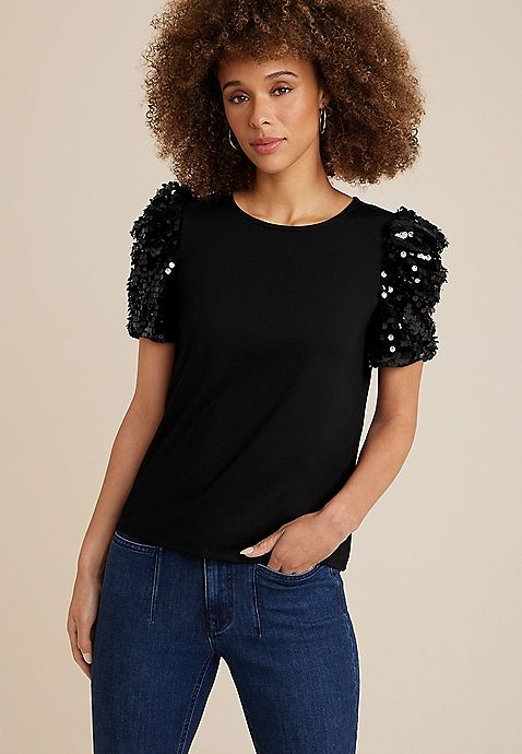 edgely™ Sequin Puff Sleeve Blouse | Maurices