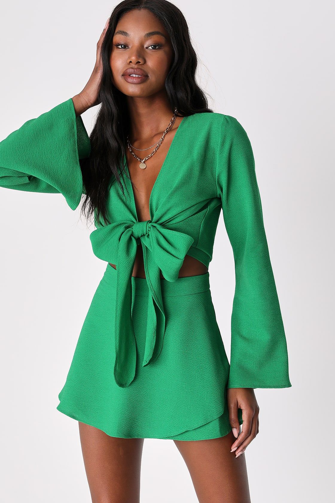 Carefree Season Green Tie-Front Long Sleeve Crop Top | Lulus (US)