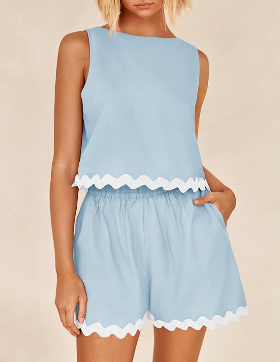 ZESICA Women's 2024 Summer 2 Piece Outfits Set Linen Lace Trim Crewneck Tank Crop Top and Shorts ... | Amazon (US)