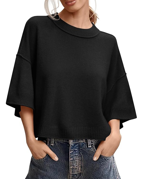 Saodimallsu Womens Short Sleeve Sweater Summer Oversized Cropped Sweaters Casual Crewneck Lightwe... | Amazon (US)