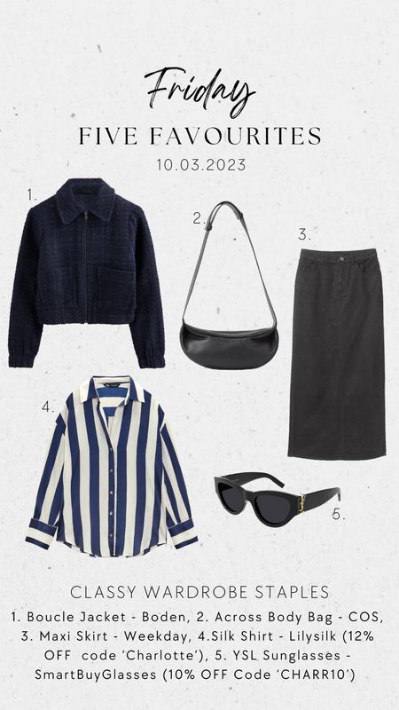 FRIDAY FAVOURITES - classic fashion wardrobe staples

1. Boucle jacket - Boden
2. leather across body bag - COS
3. Maxi Skirt - Weekday
4. Silk Shirt - Lilysilk (use code ‘Charlotte’ for an extra 12% off the website)
5. YSL Sunglasses - SmartBuyGlasses (use code ‘CHARR10’ for 10% off) 

#fridayfashion #fridayfaves #ltkfashion 

#LTKFind #LTKSale #LTKunder100