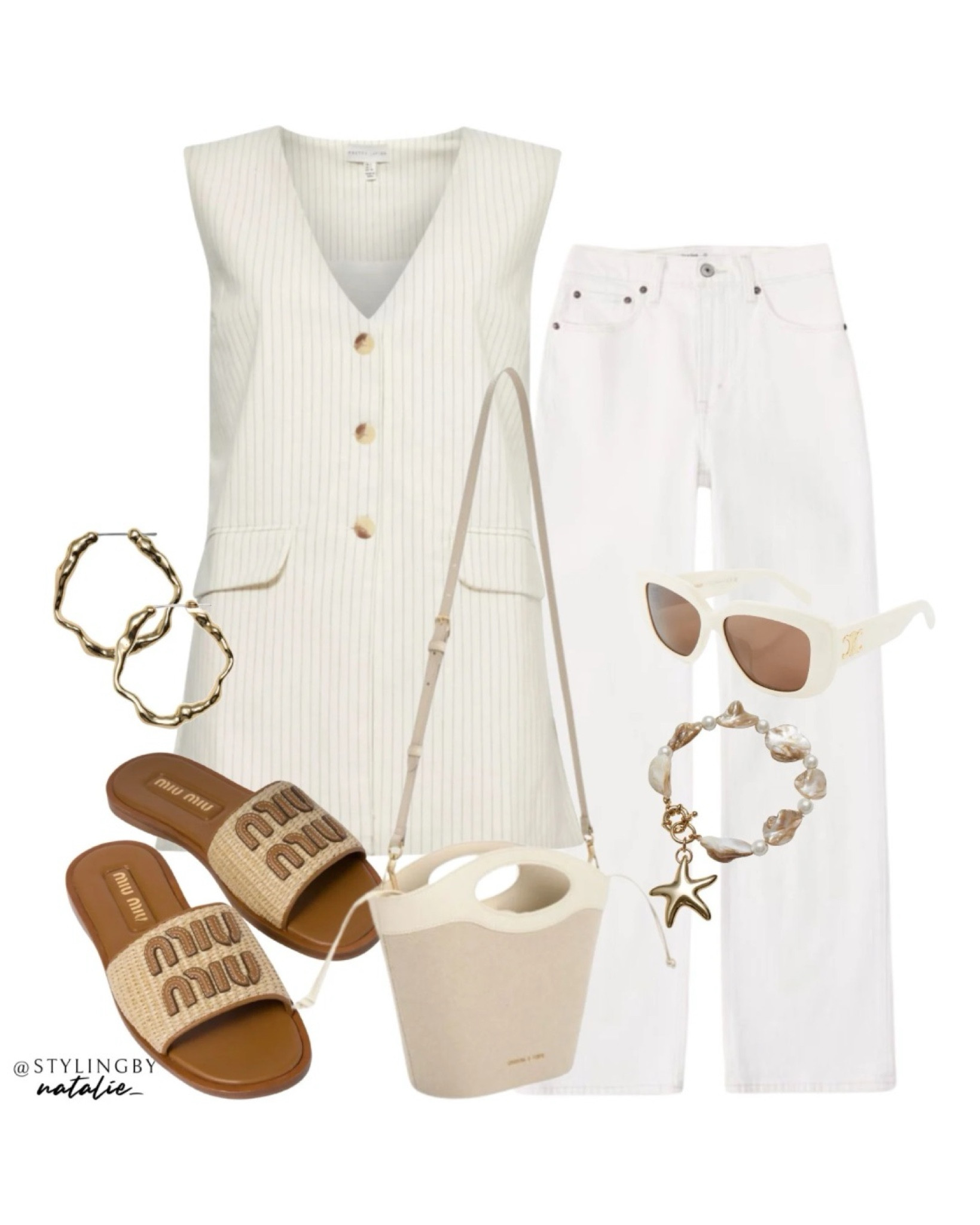 Pinstripe waistcoat, high rise white jeans, Miu Miu sandals, crossbody bag, hoop earrings & celine sunglasses Z
Neutral outfit, summer outfit.

#LTKstyletip #LTKsummer #LTKuk