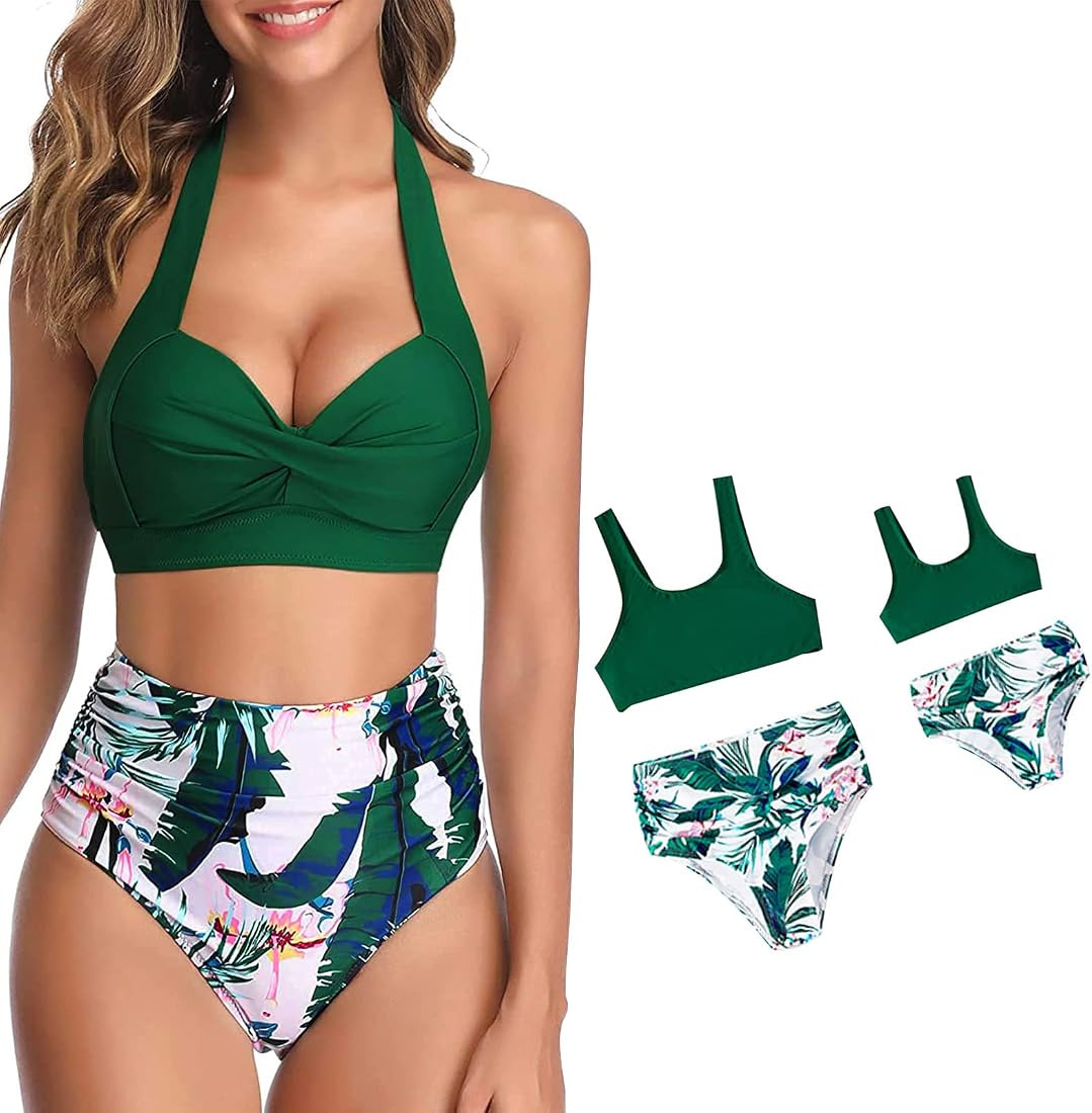 IFFEI Mommy and Me Swimsuits Two Piece Vintage Matching Outfits Retro Halter Ruched High Waist Bi... | Amazon (US)