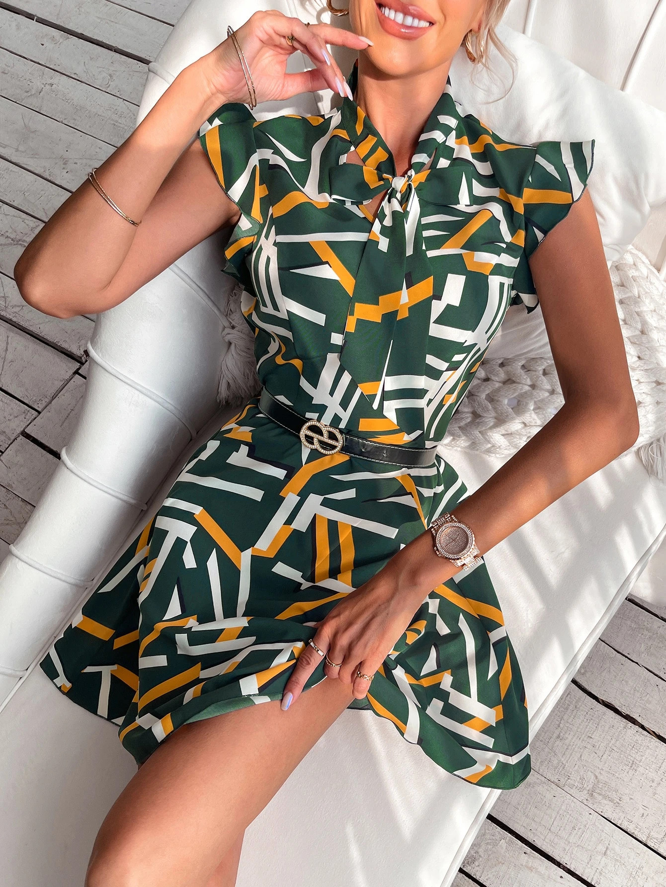 Random Geo Print Ruffle Trim Tie Neck Dress | SHEIN