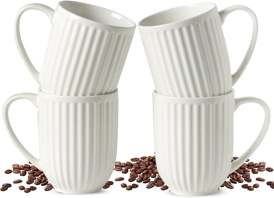 HASENSE Textured Coffee Mugs Set of 4, 16 Oz Ribbed Ceramic Cups with Large Handle for Latte Tea ... | Amazon (US)