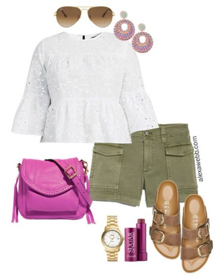 Plus Size Eyelet Top Outfits - A plus size summer outfit idea with an eyelet top, green shorts, statement earrings, and Birkenstock sandals by Alexa Webb. 

#LTKPlusSize #LTKSeasonal #LTKStyleTip