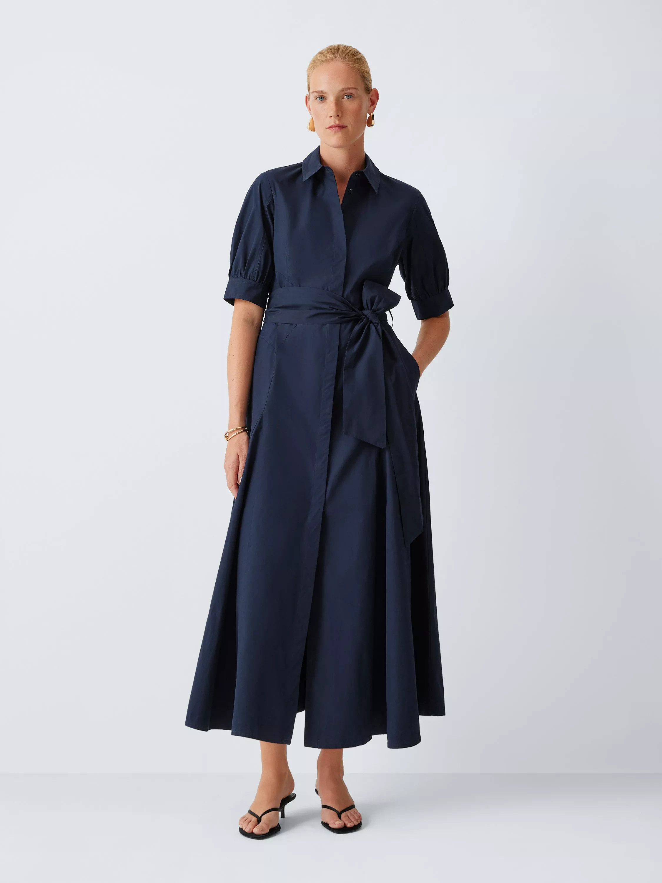Cotton Tie Waist Short Sleeve Midi Shirt Dress, Navy | John Lewis (UK)