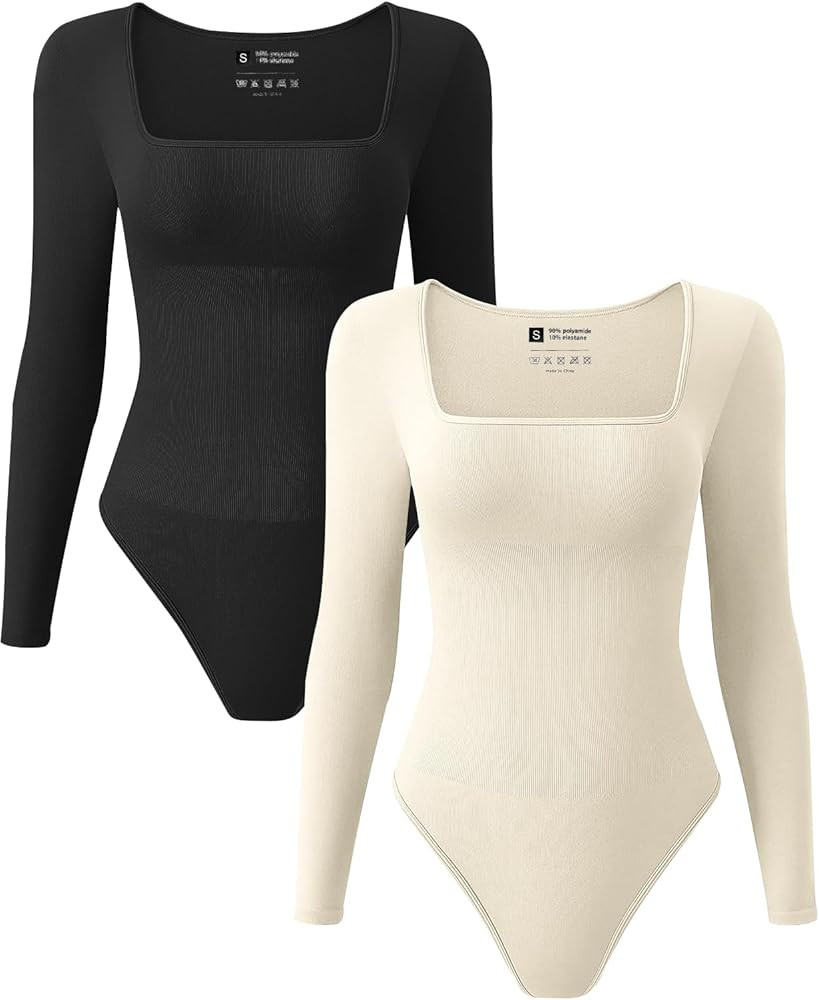 TDIFFUN Womens Long Sleeve Bodysuits Shapewear Sexy Ribbed Square Neck Tops Tummy Control Body Sh... | Amazon (US)