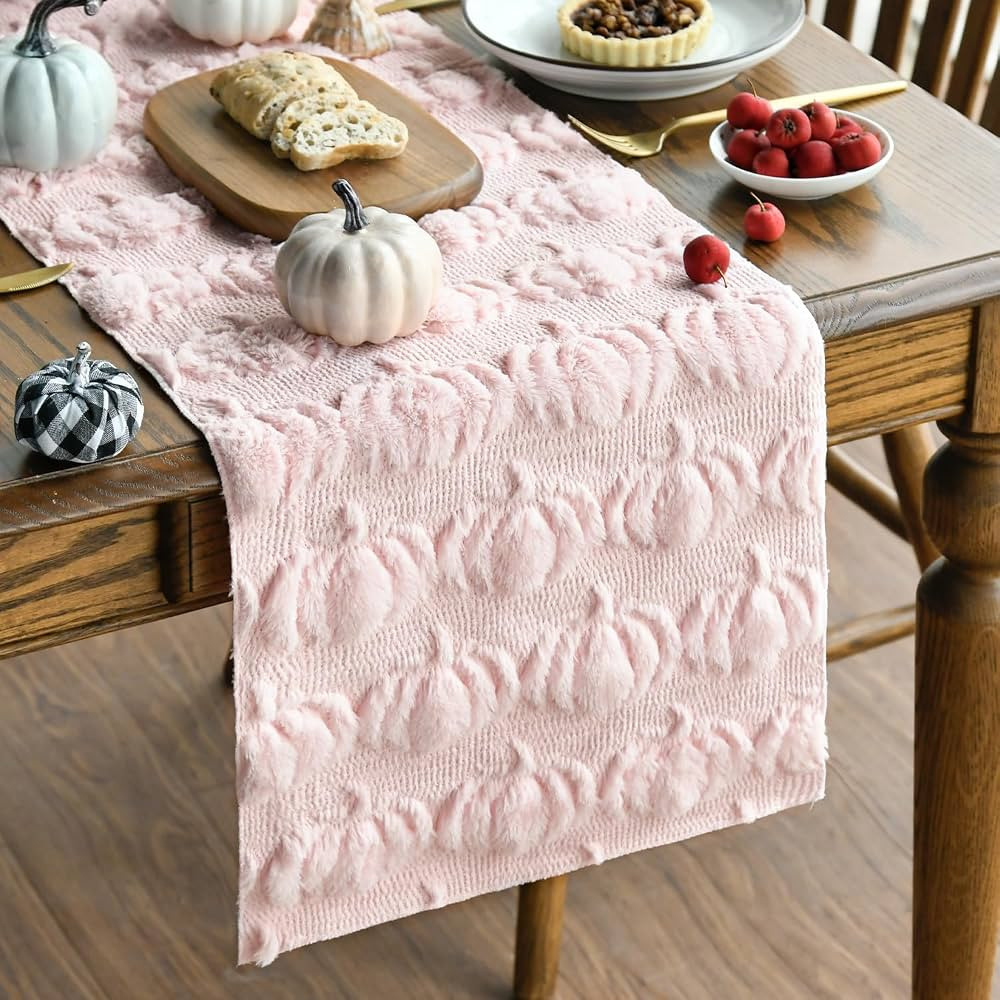 Artoid Mode Pink Soft Plush Faux Fur Jacquard Pumpkins Fall Table Runner, Seasonal Autumn Kitchen... | Amazon (US)