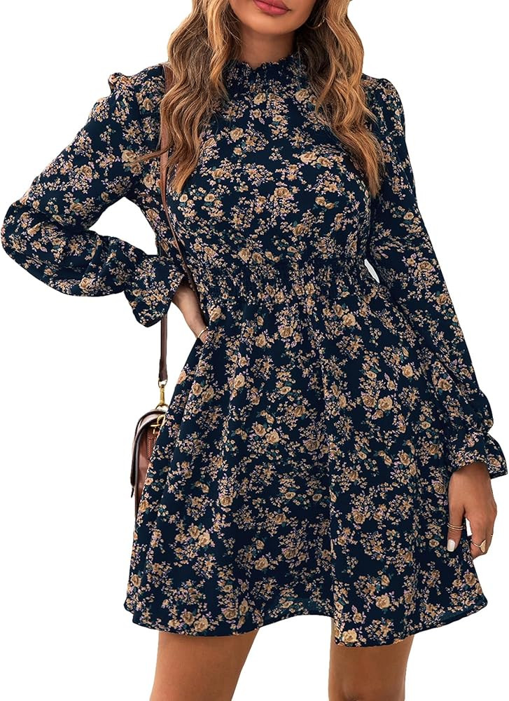 Floerns Mock Neck Floral Print Short Dress | Amazon (US)