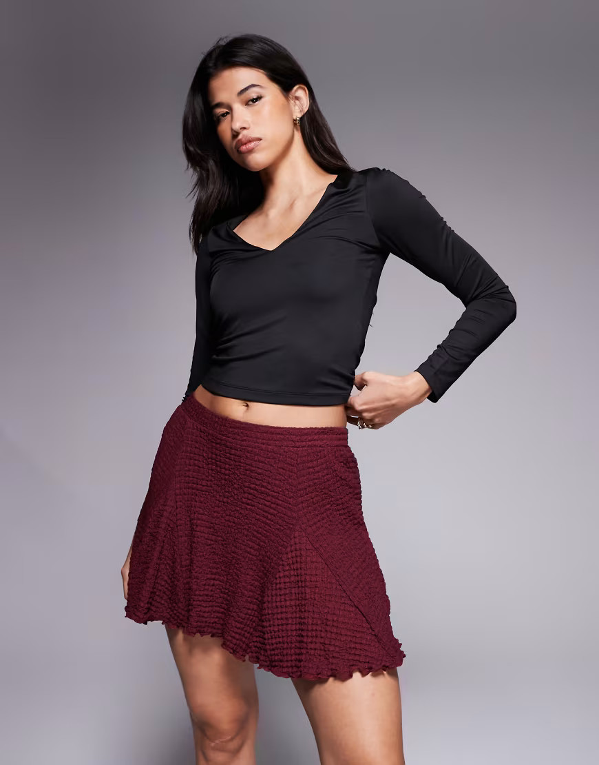 ASOS DESIGN texture godet mini skirt in burgundy-Red | ASOS (Global)
