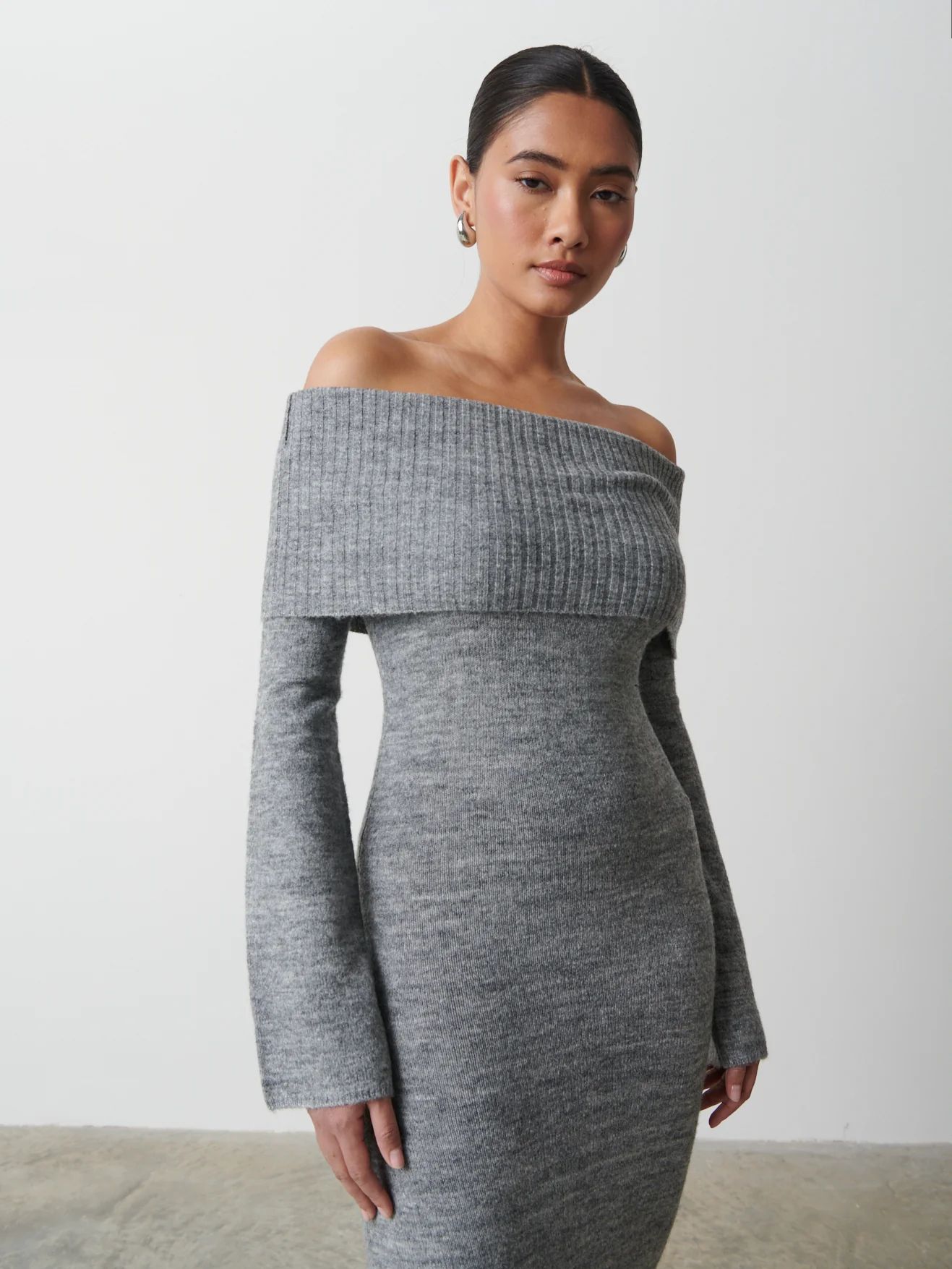Soreya Bardot Soft Knit Dress - Charcoal | Pretty Lavish (UK)