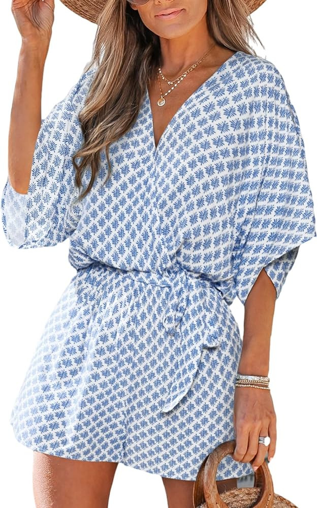CUPSHE Women's Summer Romper Lace Up Printed Half Sleeves Casual Wide leg Vacation Outfit Mini On... | Amazon (US)