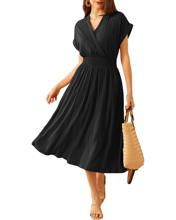 GRACE KARIN Women's Casual Linen Dresses 2024 Summer V Neck A Line Midi Dress with Pockets | Amazon (US)