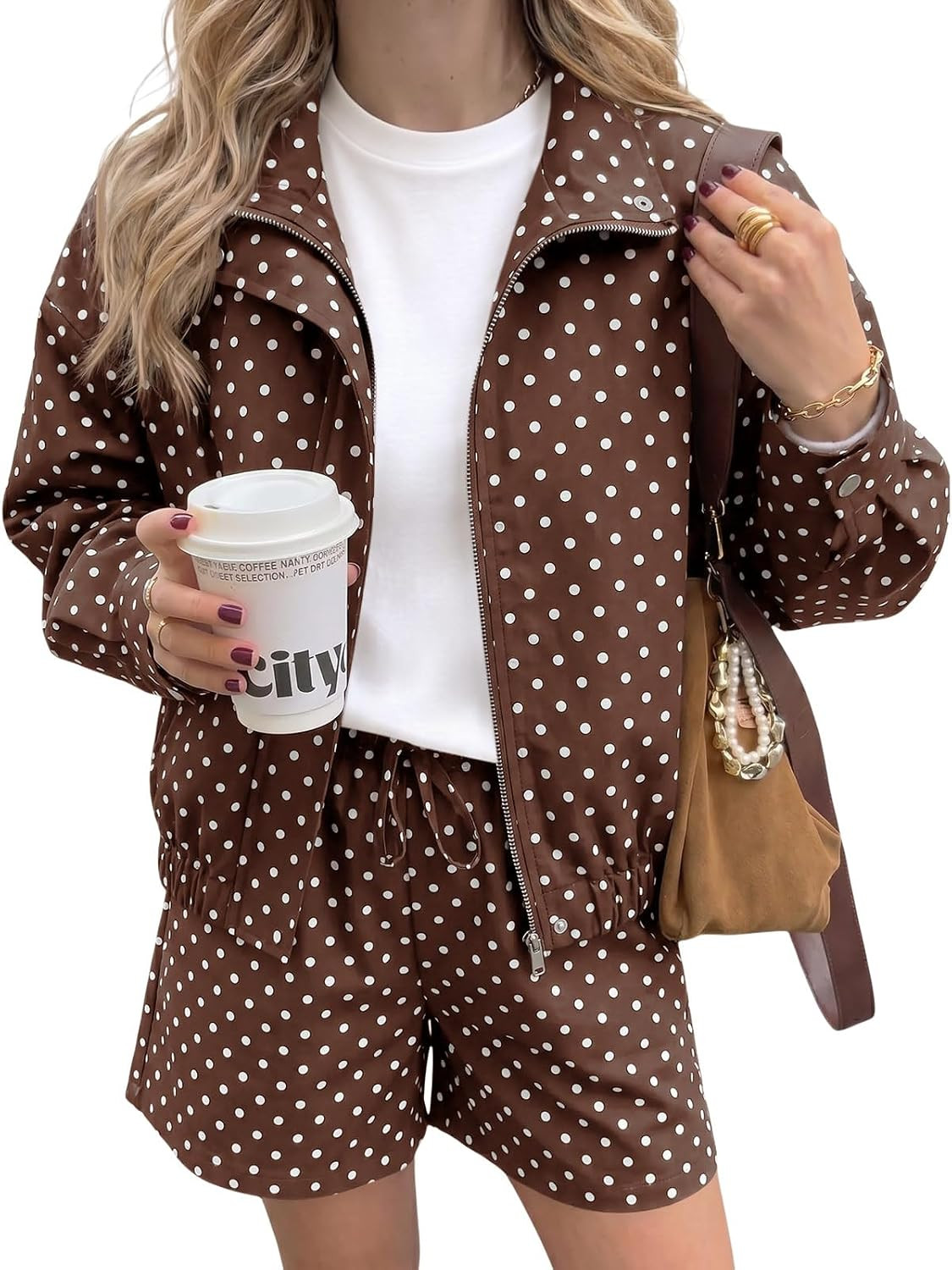 Tankaneo Womens Polka Dot 2 Piece Sets Zip Up Cropped Jackets Shorts Set | Amazon (US)