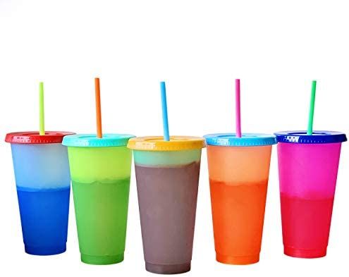 Color Changing Cold Drink Cups: 24oz Blank Cold Cups - 5 Reusable Cups, Lids and Straws - Summer ... | Amazon (US)