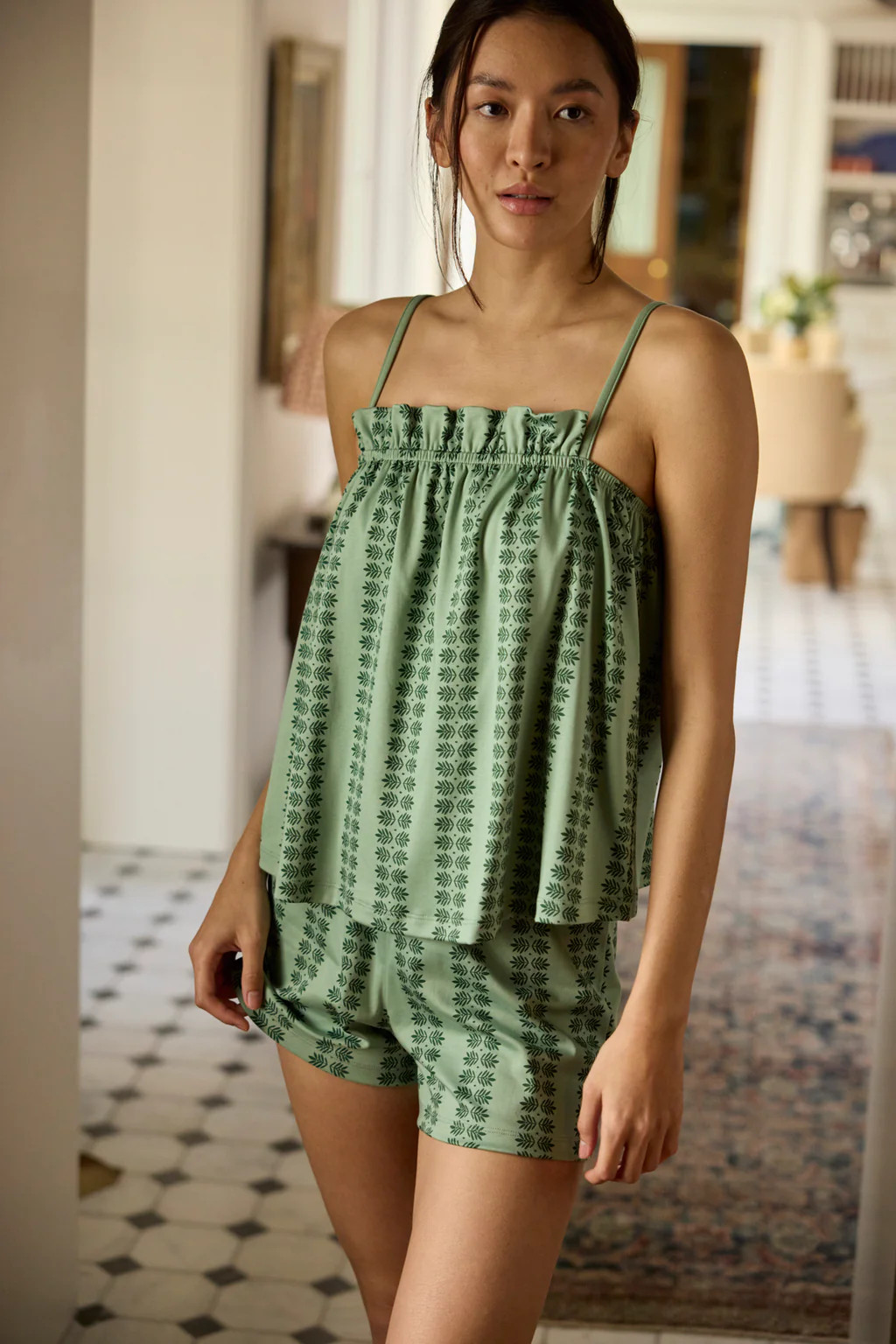 Pima Ruffle Shorts Set in Granite Green Trellis | Lake Pajamas