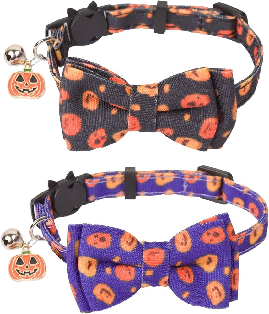 ADOGGYGO Halloween Cat Collar Breakaway with Bowtie Bell - 2 Pack Kitten Collar Pumpkin Cat Colla... | Amazon (US)