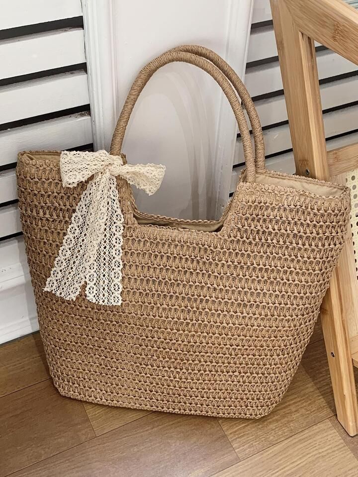 Bow Decor Large Straw Bag Skinny Scarf Decor Double Handle Vacation | SHEIN