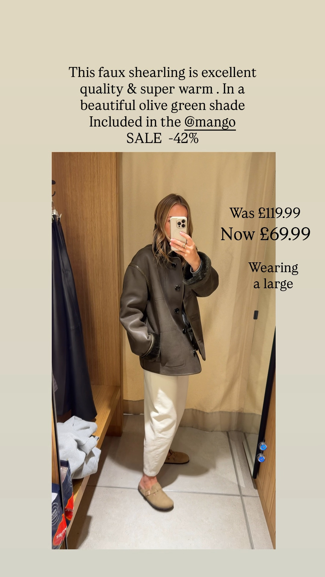 A beautiful quality faux shearling coat , warm stylish and super soft. 
Fur looks premium as does the jacket outer. In a lovely olive green shade shade. 
More than 40% off just now - brilliant deal! 
I’ve linked a few other good ones. Below - all good quality coats. 

I’m wearing a large - better for layering . It’s a fairly boxy fit. 

Coat sale 
Mango 
Ad 

#LTKsale #LTKwinter #LTKCyberWeek