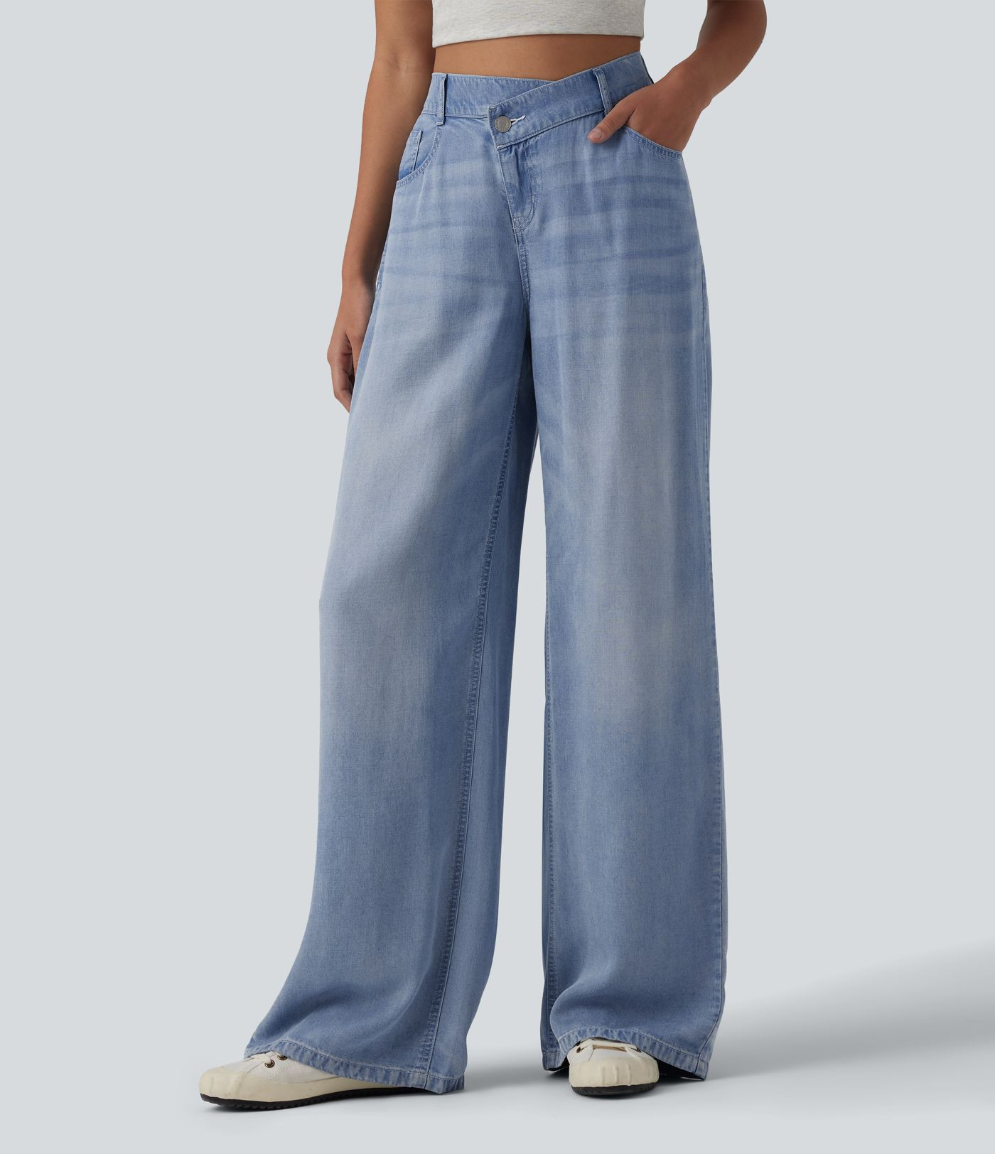 Women’s Asymmetric Mid Rise Draped Wide Leg Casual Jeans with Pockets - Halara | Halara UK